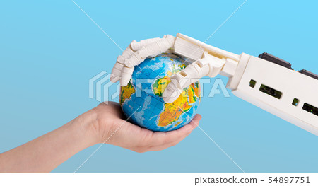 Human and robot hands holding earth globe 54897751