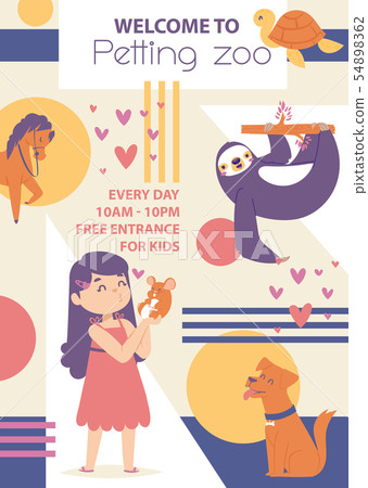 Petting zoo poster. Girl playing with animals. Happy animals dog sloth, horse mouse, turtle. Lovely Petting zoo poster. Girl playing with animals. Happy animals dog sloth, horse mouse, turtle. Lovely 54898362