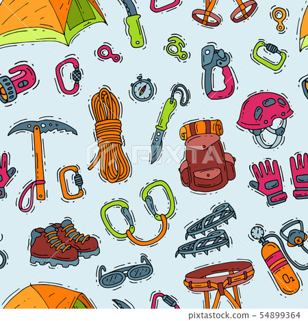 Climbing climbers equipment helmet carabiner and axe to climb in mountains illustration sot of 54899364