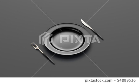 Blank black plate mockup with fork and knife, side 54899536
