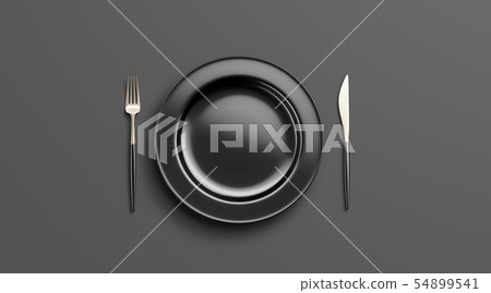 Blank black plate mockup with fork and knife, top 54899541