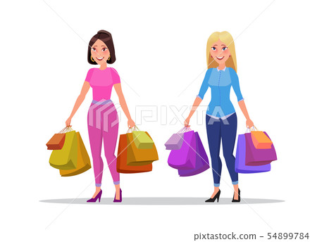 Happy shopping girl or woman with bags. Big Sale. 54899784