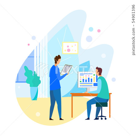 Two Men Talking about Projects Results in Office Two Men Talking about Projects Results in Office 54901396