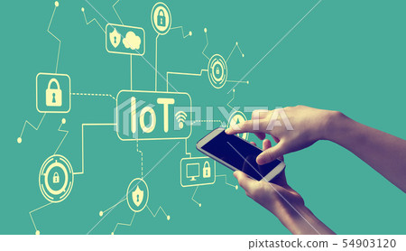 IoT security theme with person holding smartphone 54903120