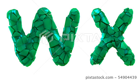 Letter set W, X made of 3d render plastic shards green color. 54904439