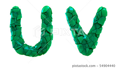 Letter set U, V made of 3d render plastic shards green color. 54904440
