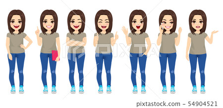 Brunette girl standing different expressions Brunette girl standing different expressions 54904521