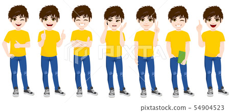 Teenage boy standing different expressions 54904523