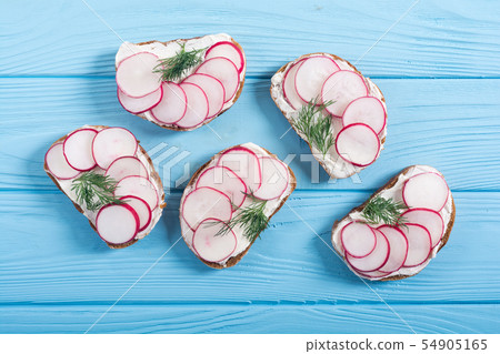 Healthy vegetable toasts sandwith with radish and Healthy vegetable toasts sandwith with radish and 54905165