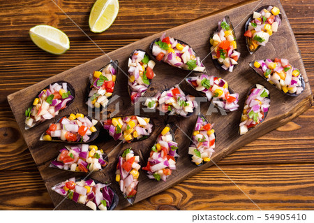 Traditional  Peruvian food background with mussels 54905410