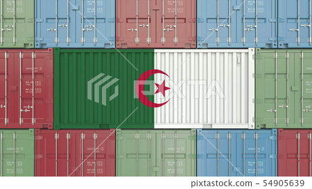 Container with flag of Algeria. Algerian goods related conceptual 3D rendering 54905639