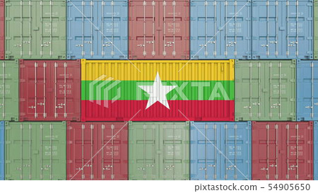 Cargo container with flag of Myanmar. Myanma goods related conceptual 3D rendering 54905650