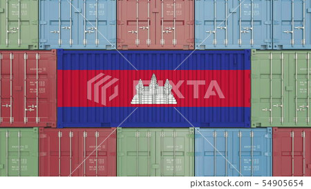 Container with flag of Cambodia. Cambodian goods related conceptual 3D rendering Container with flag of Cambodia. Cambodian goods related conceptual 3D rendering 54905654