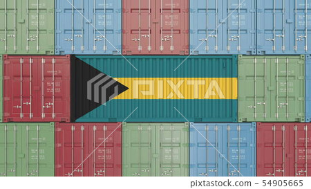 Container with flag of the Bahamas. Bahamian goods related conceptual 3D rendering Container with flag of the Bahamas. Bahamian goods related conceptual 3D rendering 54905665