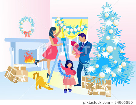 Happy Family Decorat Home for Christmas Together - Stock Illustration ...