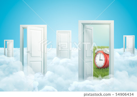 3d rendering of five doors standing on fluffy clouds, one door leading to green lawn with big red 54906434