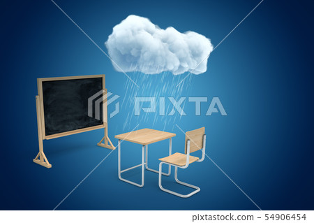 3d rendering of blackboard and school desk under white raining cloud on blue background. 3d rendering of blackboard and school desk under white raining cloud on blue background. 54906454