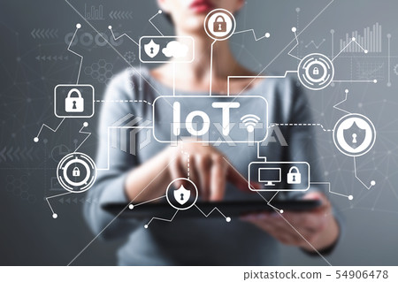 IoT security theme with woman using a tablet IoT security theme with woman using a tablet 54906478