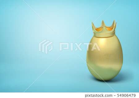 3d rendering of golden chicken egg wearing golden crown on light blue background. 54906479
