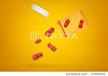 3d rendering of TNT dynamite sticks falling out of plastic pills jar on yellow background 54906482