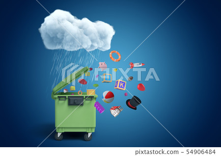 3d rendering of green dumpster standing under raining cloud, different objects flying out from under 54906484