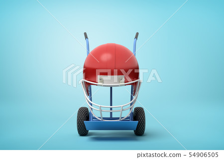 3d rendering of navy blue hand truck standing upright with red sport helmet on it on light-blue 54906505