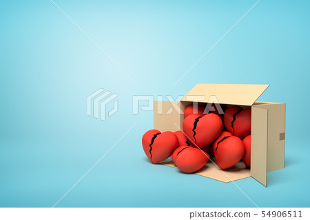 3d rendering of cardboard box lying sidelong full of red broken hearts on blue background. 3d rendering of cardboard box lying sidelong full of red broken hearts on blue background. 54906511