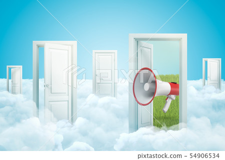 3d rendering of five doors standing on fluffy clouds and red and white megaphone emerging from one 54906534