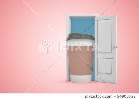 3d rendering of open door on gradient pink background and big cofee paper cup standing in doorway. 3d rendering of open door on gradient pink background and big cofee paper cup standing in doorway. 54906552