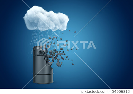 3d rendering of black barrel that is dissolving in pieces on top, standing under cloud of pouring 54906813