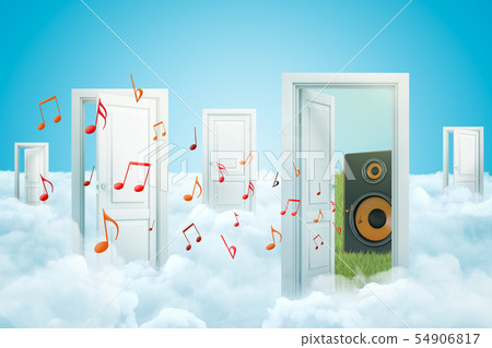 3d rendering of five doors standing on fluffy clouds, one door leading to audio column speaker on 54906817