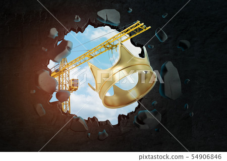 3d rendering of construction crane and golden crown breaking black wall 54906846
