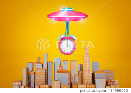 3d rendering of pink UFO with big pink alarm clock suspended on slime below it, flying above modern 54906930