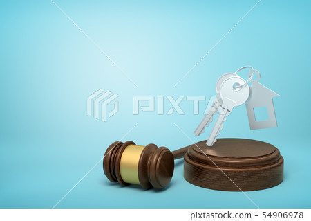 3d rendering of grey keys with house-shaped fob levitating in air above wooden sounding block with 54906978