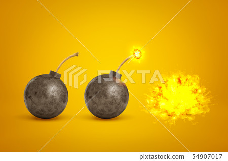 3d rendering of two ball bombs with fuse and one exploded on yellow background. 54907017