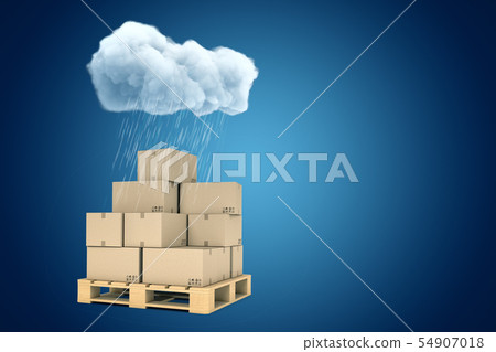 3d rendering of stack of cardboard boxes on wooden pallet standing under raining cloud on blue 54907018