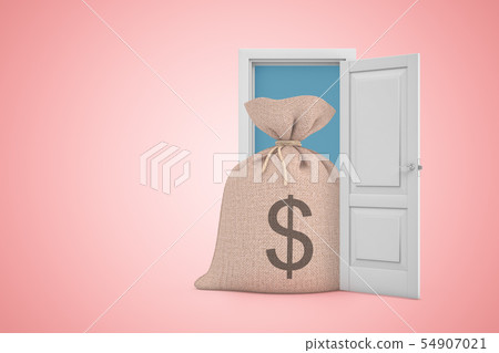 3d rendering of big canvas money bag emerging from open door on pink gradient copyspace background. 54907021