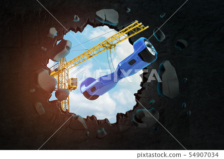 3d rendering of hoisting crane carrying blue mini segway which is breaking through black wall with 54907034