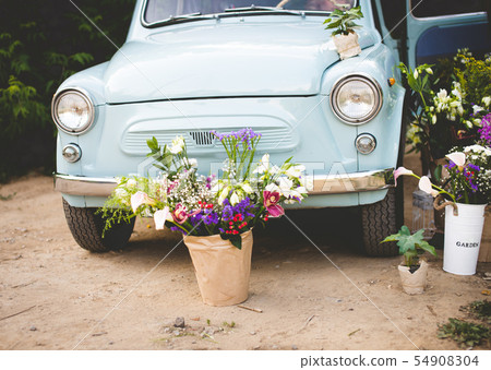 Old time Car with Just Married Sign Cans in Slow M Old time Car with Just Married Sign Cans in Slow M 54908304