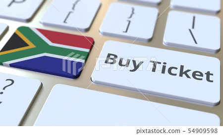 BUY TICKET text and flag of South Africa on the buttons on the computer keyboard. Travel related 54909598