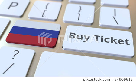 BUY TICKET text and flag of Russia on the buttons on the computer keyboard. Travel related 54909615