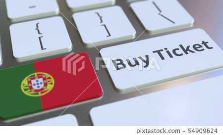 BUY TICKET text and flag of Portugal on the buttons on the computer keyboard. Travel related 54909624