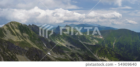 Panoramic view from Banikov peak on Western Tatra mountains or Rohace panorama. Sharp green Panoramic view from Banikov peak on Western Tatra mountains or Rohace panorama. Sharp green 54909640
