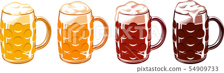Set of types of beer for Oktoberfest in dimpled glass mugs. Light, pilsner, wheat, white, lager, ale, cold, red, marzen, pale, bock, brown, porter, dark, stout. Vector hand drawn illustration 54909733
