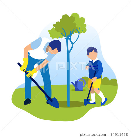 Cartoon Father and Son Planting Tree Together 54911458