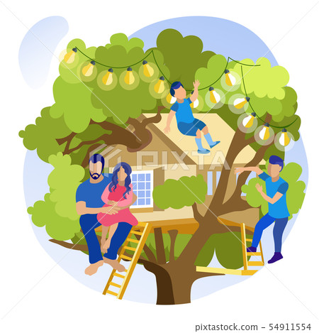 Happy Father and Children on Tree House Cartoon Happy Father and Children on Tree House Cartoon 54911554