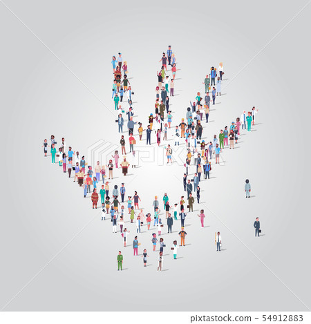 people crowd gathering in shape of palm hand icon social media community concept different 54912883