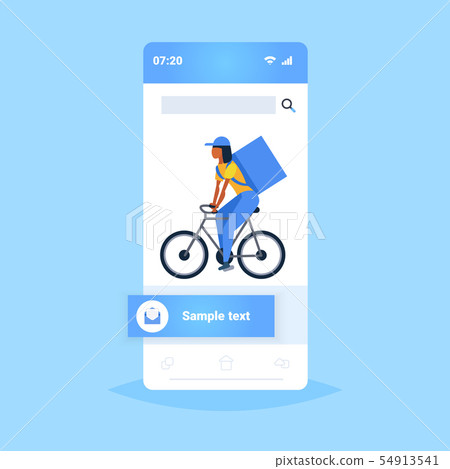 woman courier with large backpack riding a bike express food delivery service concept smartphone woman courier with large backpack riding a bike express food delivery service concept smartphone 54913541