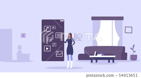 woman using touchscreen smartphone with application icons mobile apps user interface concept modern 54913651