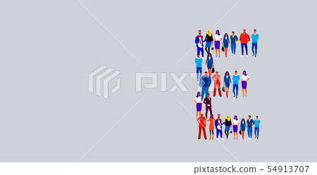business people crowd forming shape letter E different men women businesspeople group standing 54913707